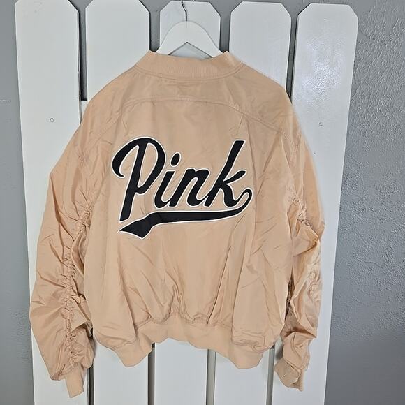 Victoria's Secret Pink Flight Bomber Nylon Jacket Large Oversized‎ Spellout Prep - Picture 1 of 11